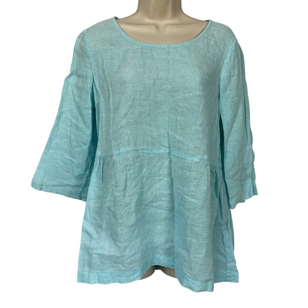 Pure J Jill Linen Tunic Top Small Aqua Blue Scoop Neck Babydoll Lagenlook Flowy